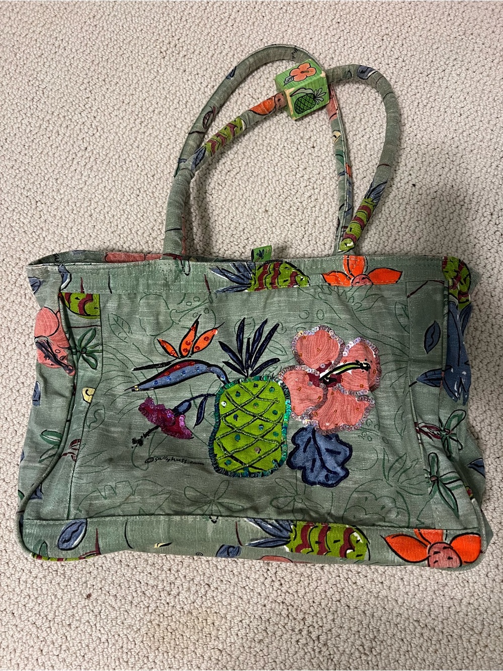 Sally Huss Tropical Green Embroidered Pineapple Tote